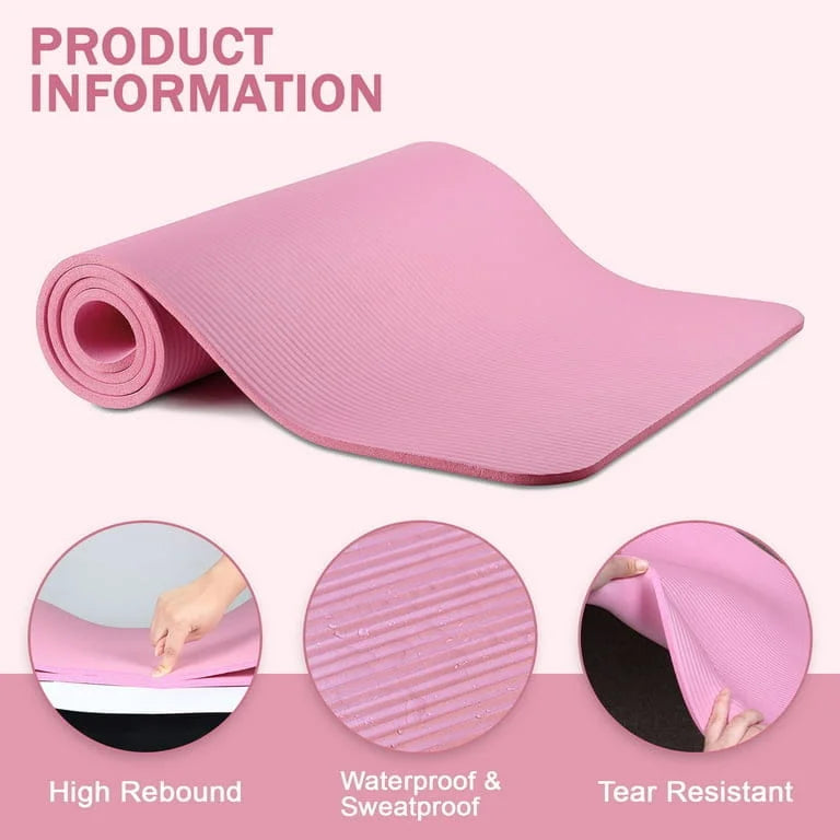 Pink yoga mat with features highlighted on a pink background