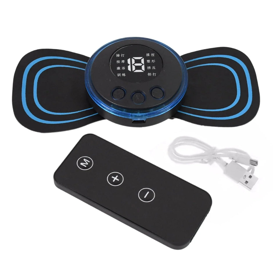 Black and blue electronic device with digital display and remote control on a white background
