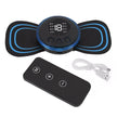 Black and blue electronic device with digital display and remote control on a white background