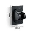 Black wall-mounted shower control with dimensions indicated on a white background
