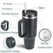 Black travel mug with features labeled on a white background