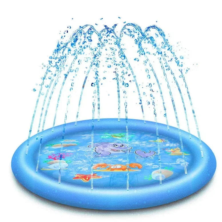 Inflatable water play mat with water sprays on a white background