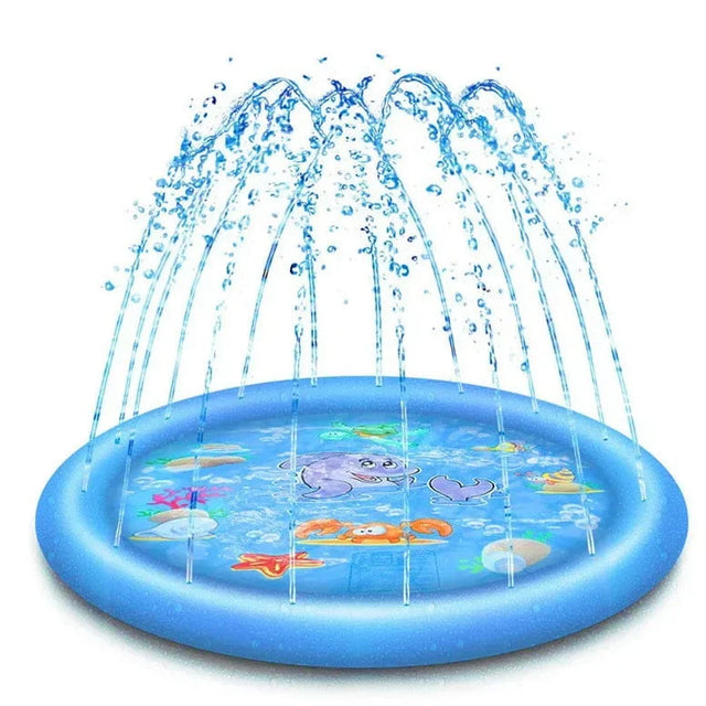 Inflatable water play mat with water sprays on a white background