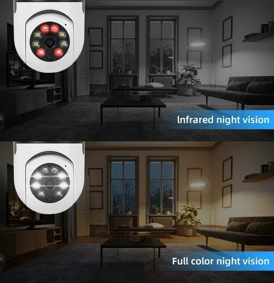 Infrared night vision camera in a dark room with a light on, showing improved visibility.