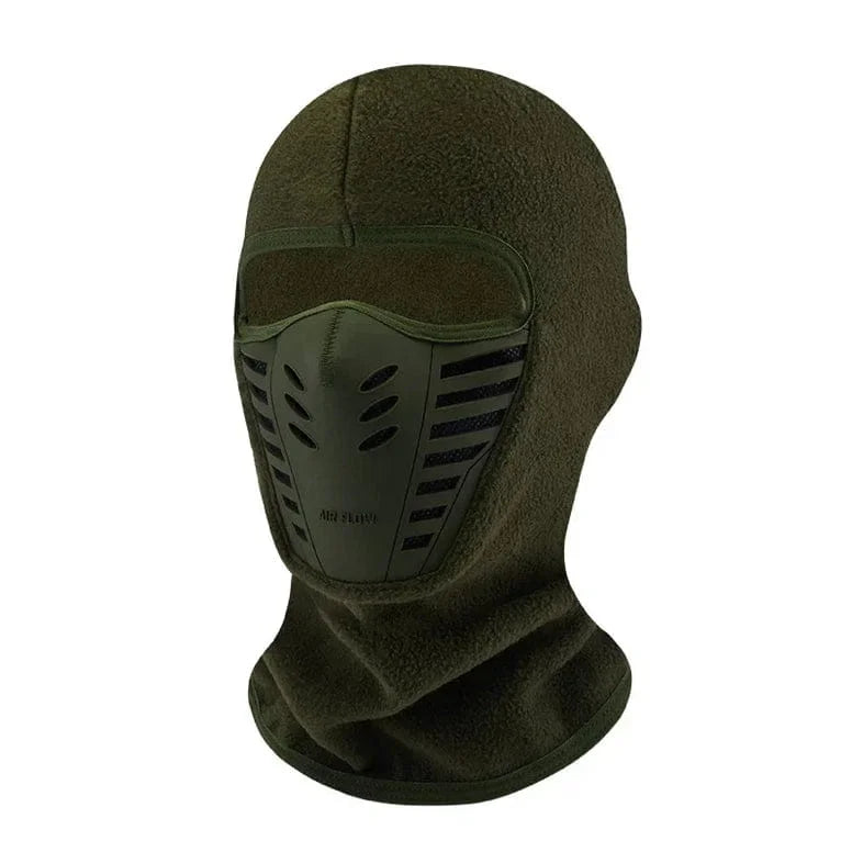 Green balaclava with face mask on a white background