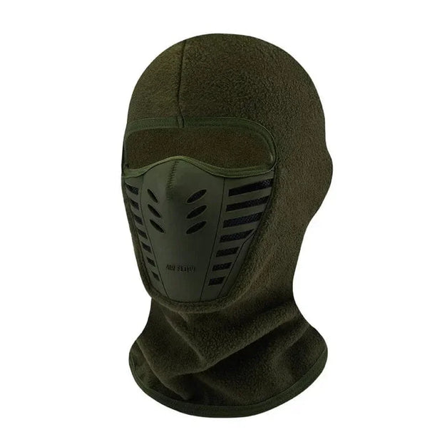 Green balaclava with face mask on a white background