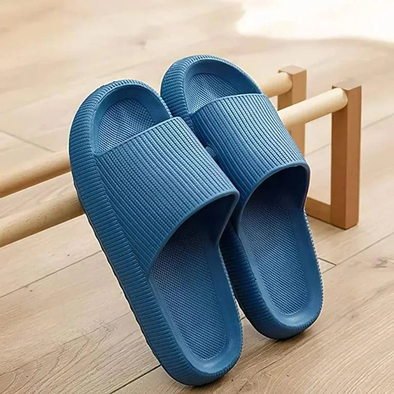 Pair of blue slides on a wooden floor