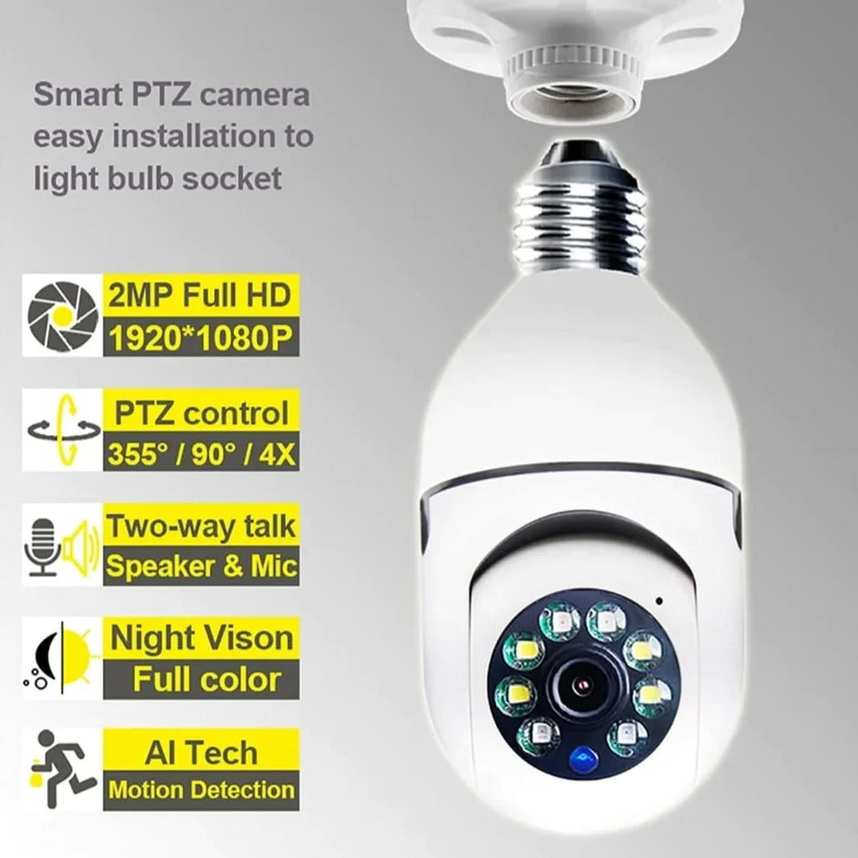 Smart PTZ camera with light bulb socket compatibility on a gray background