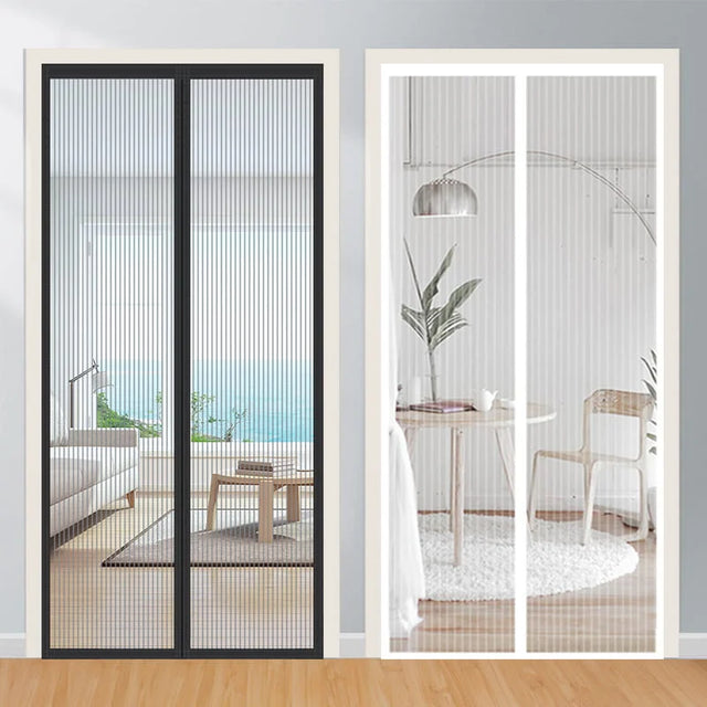 Modern sliding glass doors with decorative screens in a home setting.