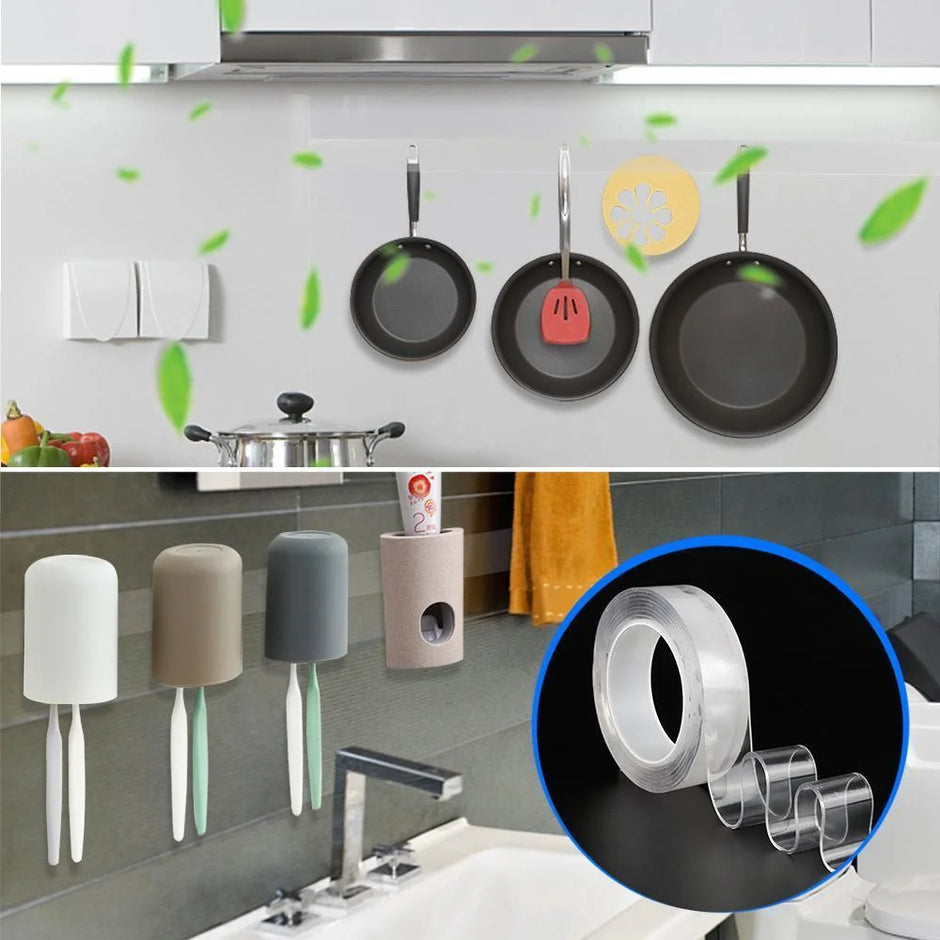 Collage of kitchen items including pans, spatulas, and a roll of tape.