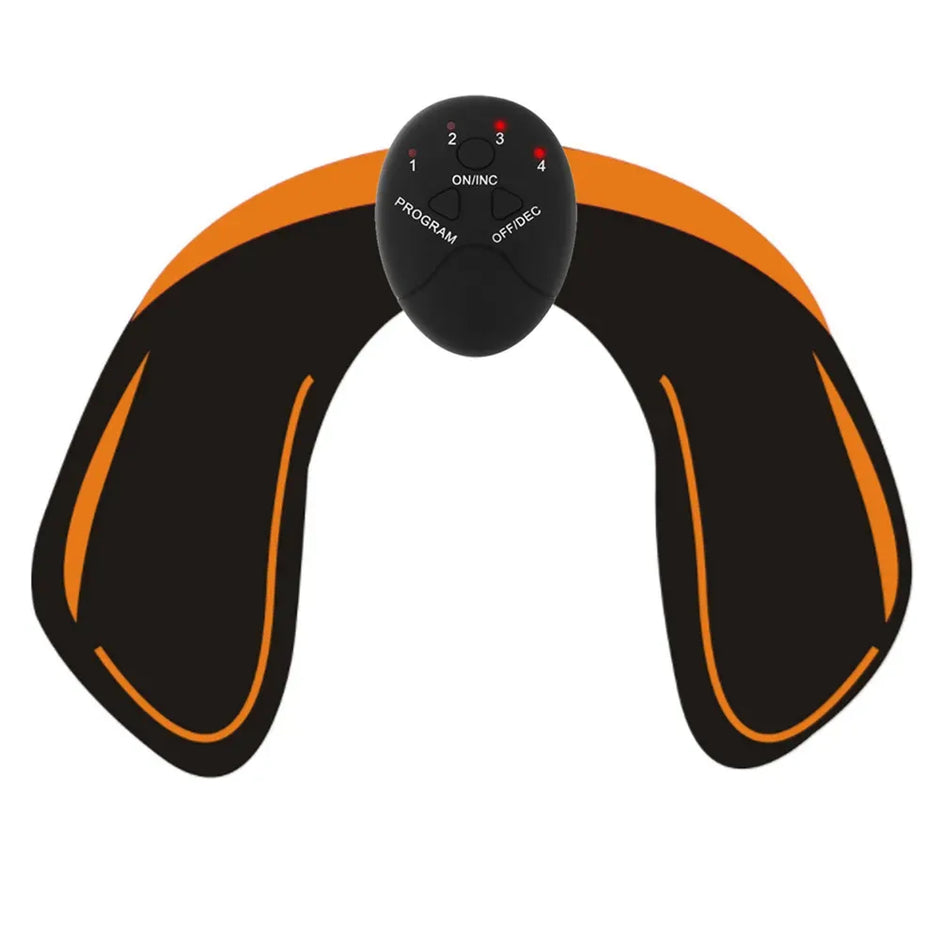 Black and orange neck massager with remote control on a white background