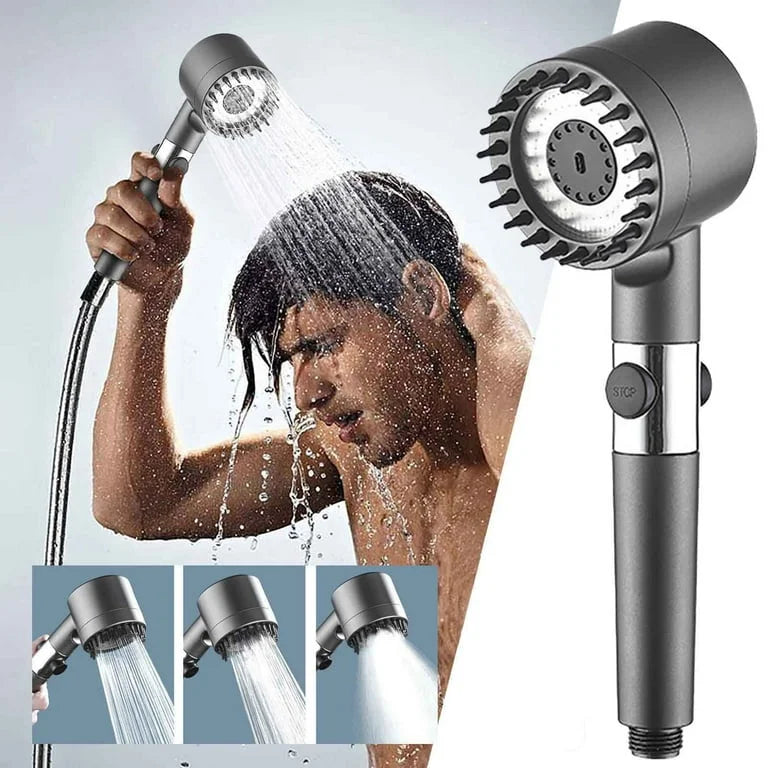 Handheld shower head with water flowing, close-up of nozzle, and person using shower head with inset images.