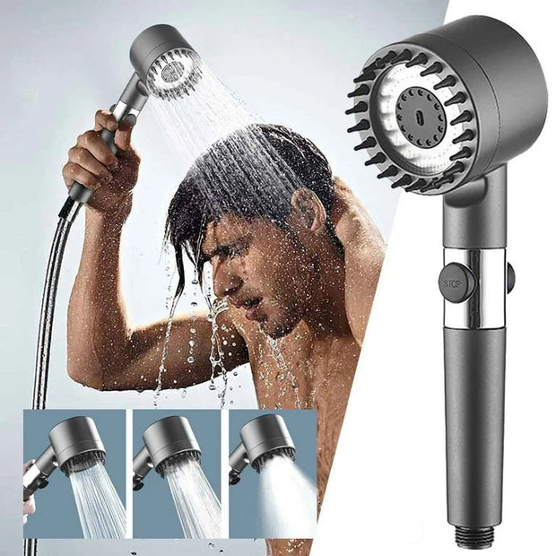 Handheld shower head with water flowing, close-up of nozzle, and person using shower head with inset images.