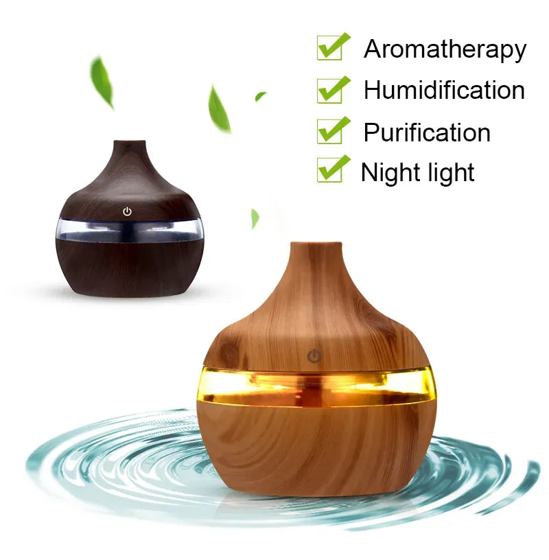 Wooden diffuser with water droplets and features listed on a white background