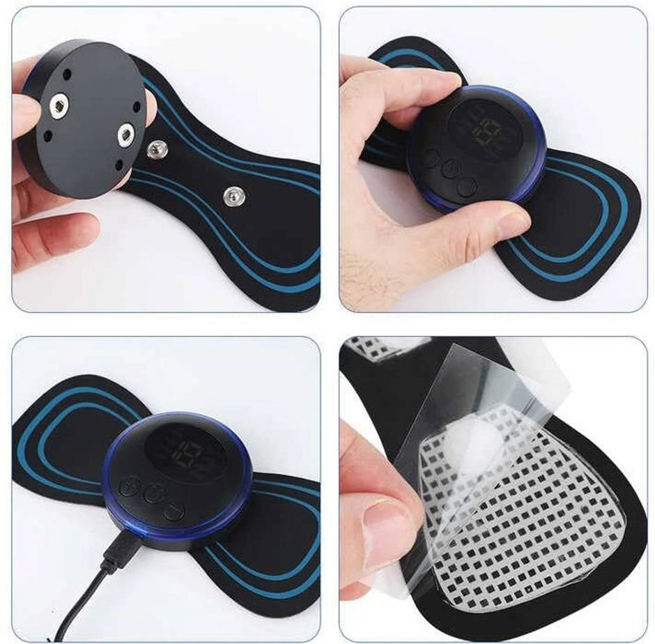 Electric shoe inserts with digital display and adhesive backing, shown in multiple views.