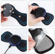 Electric shoe inserts with digital display and adhesive backing, shown in multiple views.