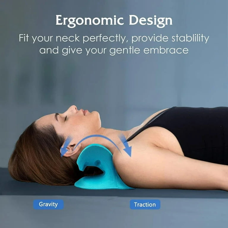 Woman using a blue neck pillow with text highlighting ergonomic design on a gray background