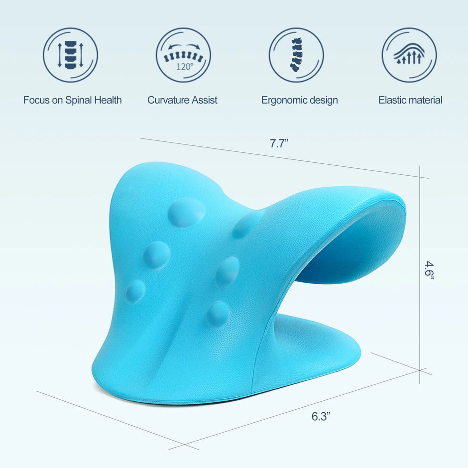 Blue neck support pillow with features and dimensions on a light blue background