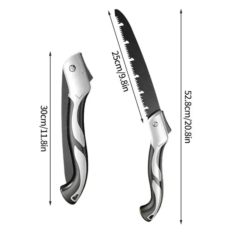 Folding saw with measurements on a white background