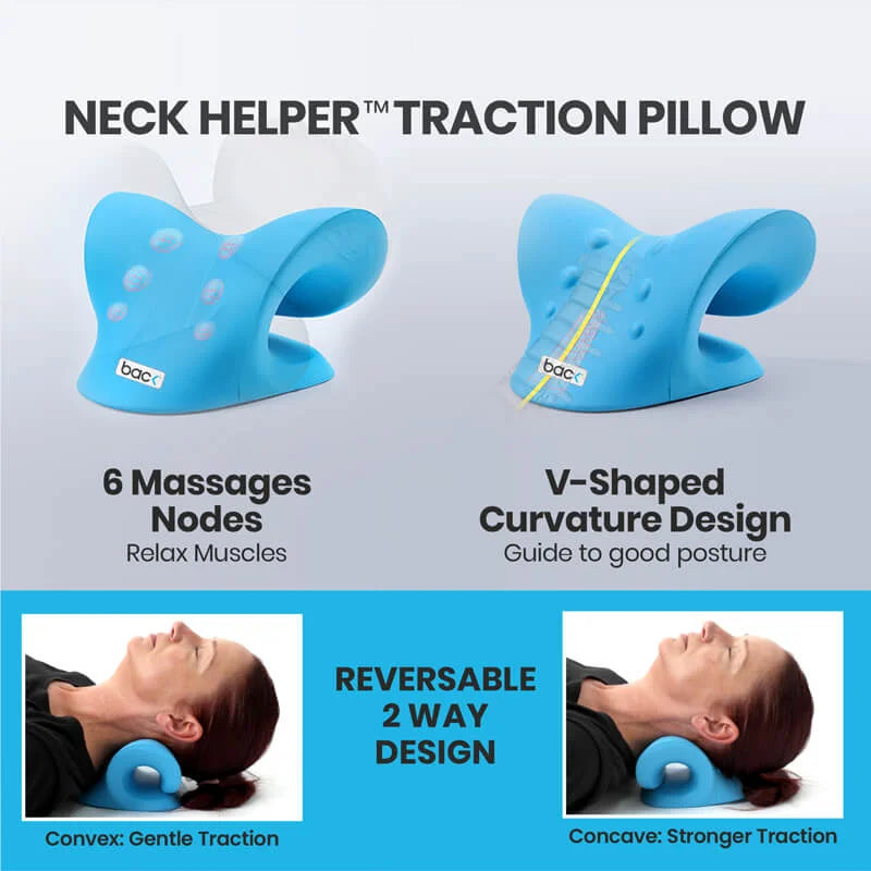 Neck helper traction pillow with features highlighted on a gray background