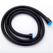 Black flexible hose with blue connector on a white background