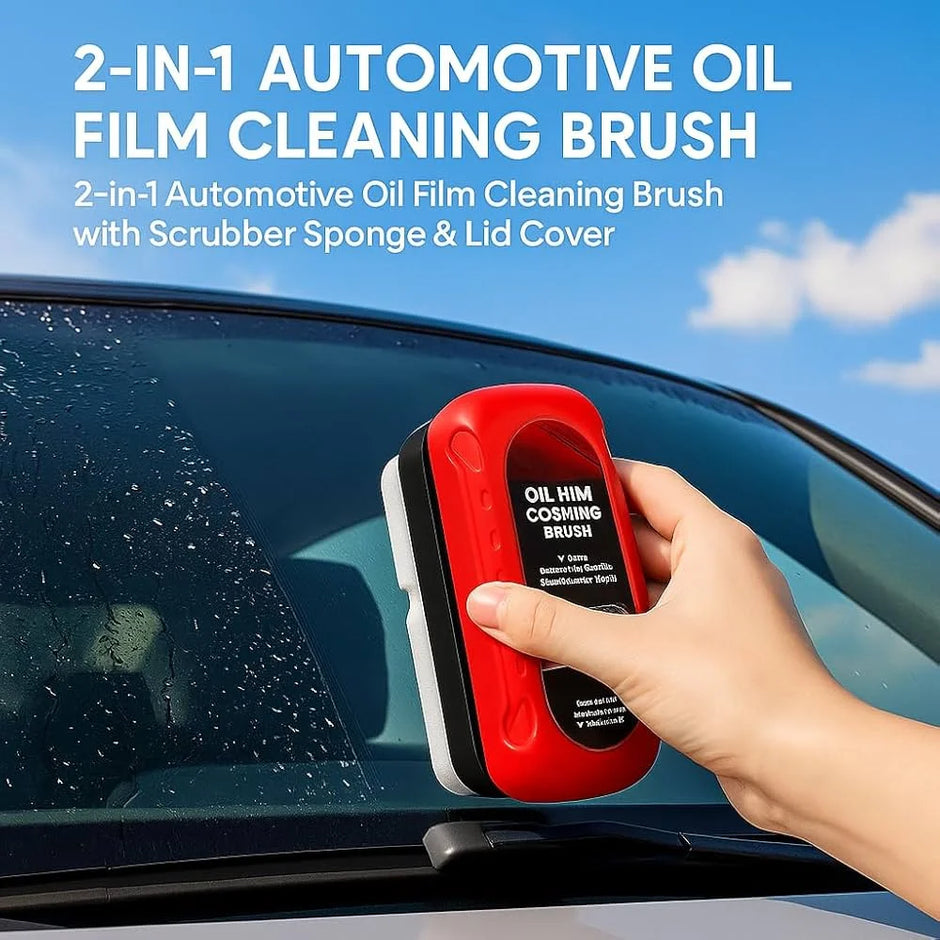 2-in-1 automotive oil film cleaning brush with scrubber sponge and lid cover held by a hand in front of a car windshield.