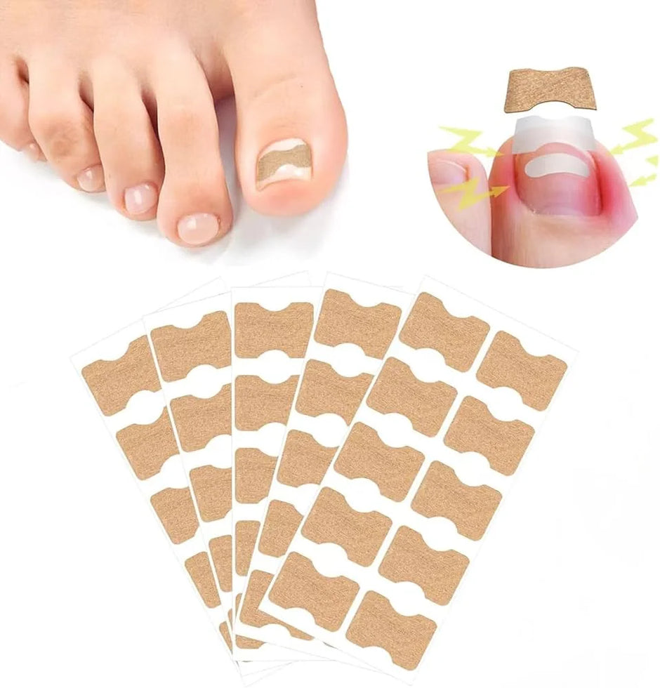 Foot care product with adhesive patches and a close-up of a foot with a bandage.