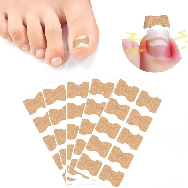 Foot care product with adhesive patches and a close-up of a foot with a bandage.