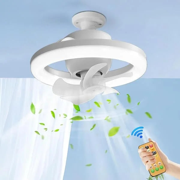Ceiling fan with remote control on a light blue background