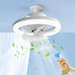 Ceiling fan with remote control on a light blue background