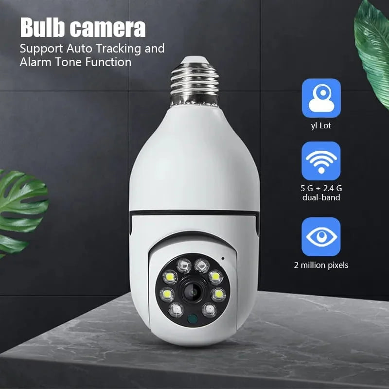 Bulb-shaped security camera with features highlighted on a dark background