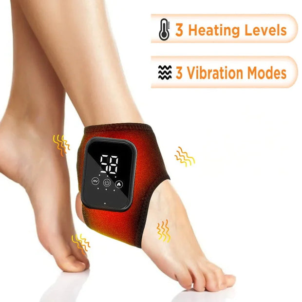 Heating and vibration device on a foot with digital display, labeled '3 Heating Levels' and '3 Vibration Modes'.