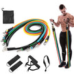 Multifunctional fitness elastic rope set with colorful bands and a black carrying bag, displayed with a man using the equipment.