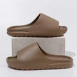 Pair of brown slides on a light gray background