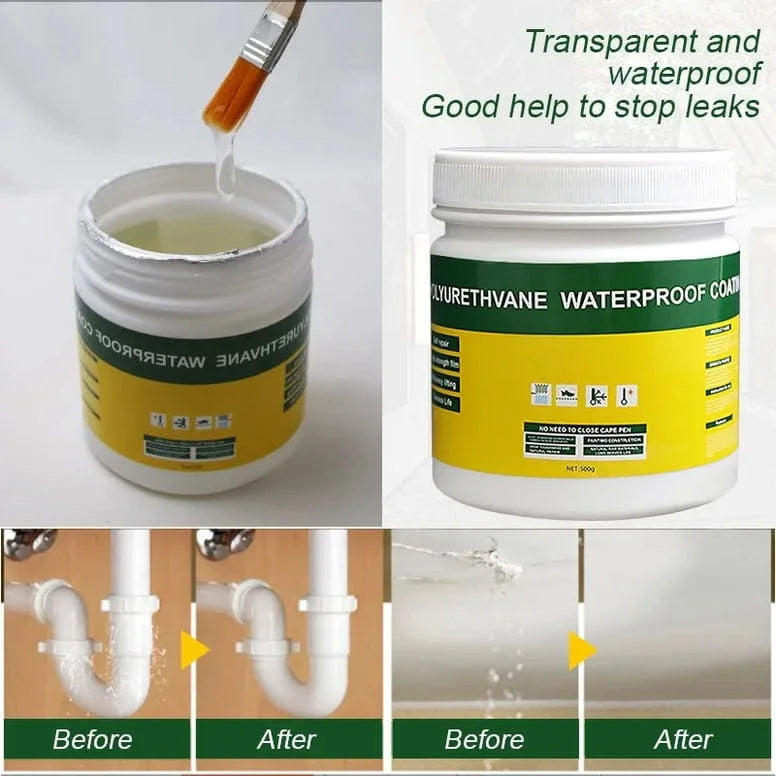 Waterproofing compound jar with application process and before/after results shown.