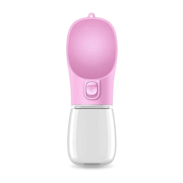 Pink and clear portable pet water bottle on a white background