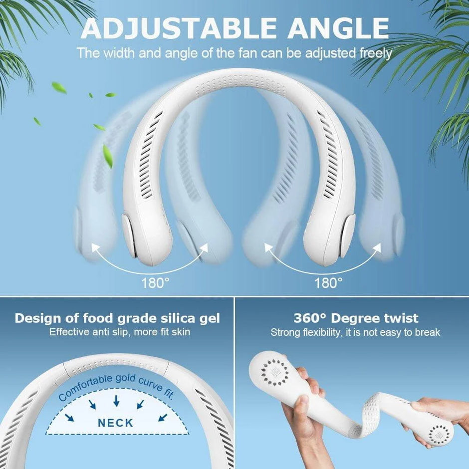 Neck fan with adjustable angle and design features on a blue background