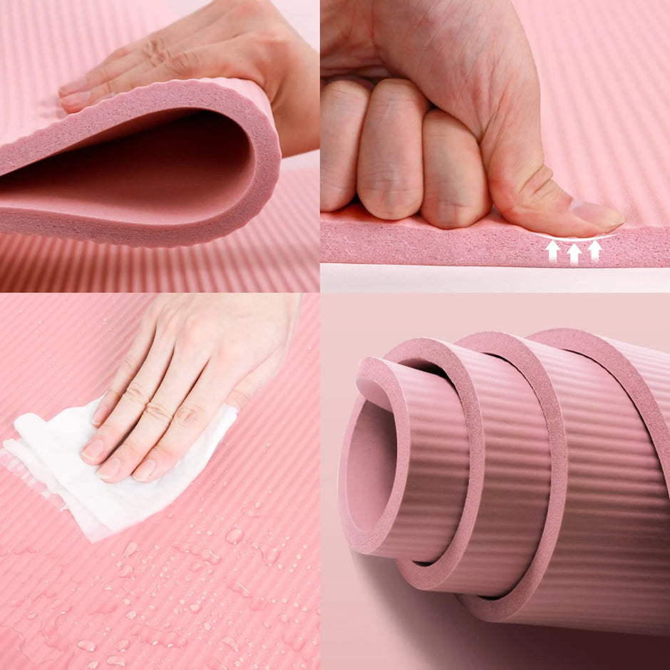 Collage of a pink textured mat with hand interactions on a light pink background