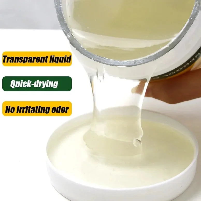 Transparent liquid being poured into a container with text highlighting quick-drying and no irritating odor.