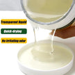 Transparent liquid being poured into a container with text highlighting quick-drying and no irritating odor.