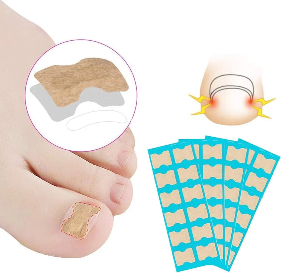Pedicure patch on a foot with packaging of patches on a white background
