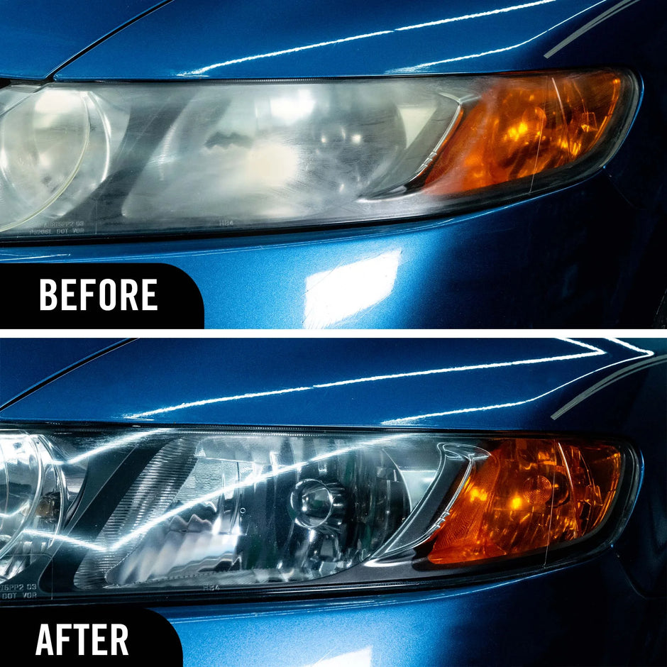 Complete Headlight Restoration on blue car headlight