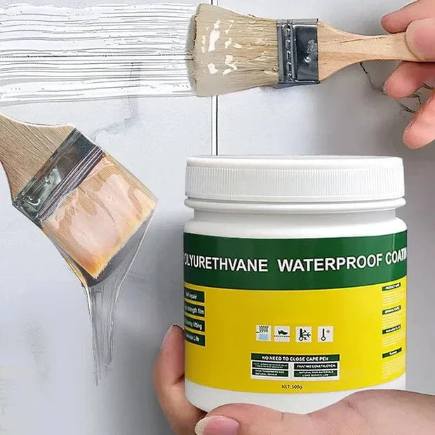 Person applying polyurethane waterproof coating to a surface with a brush, showing a container of the product.