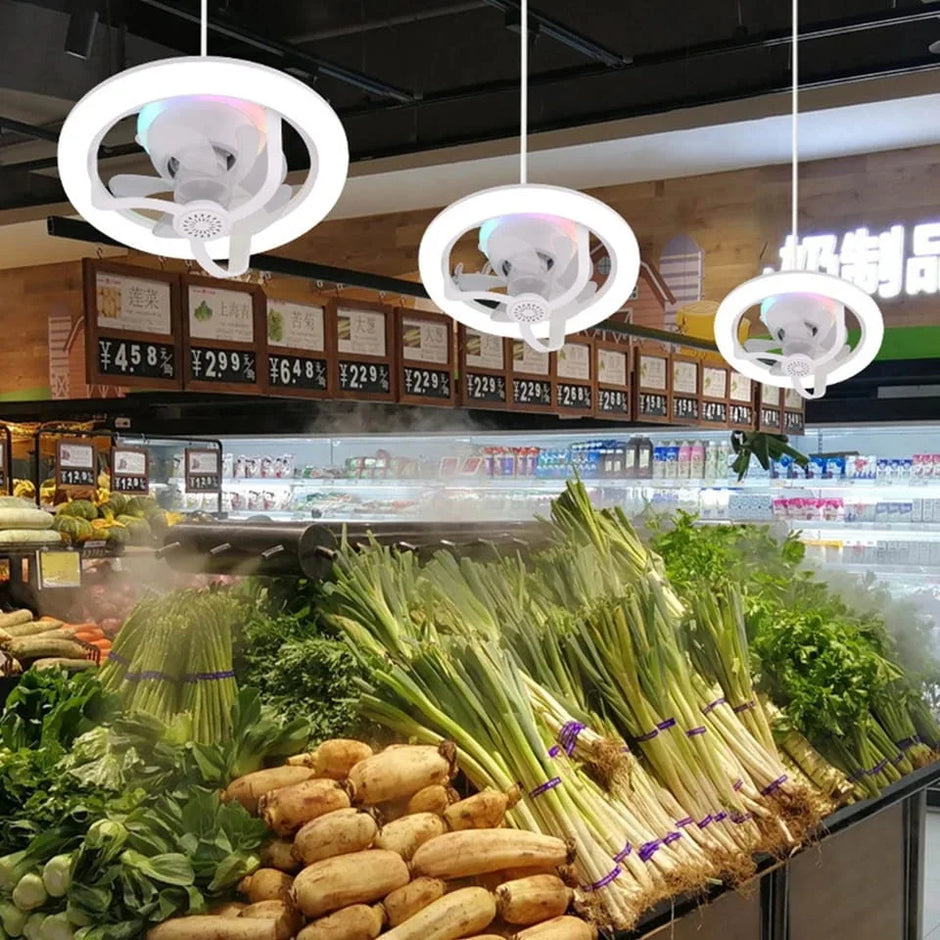 Supermarket vegetable section with hanging ghost-shaped lights