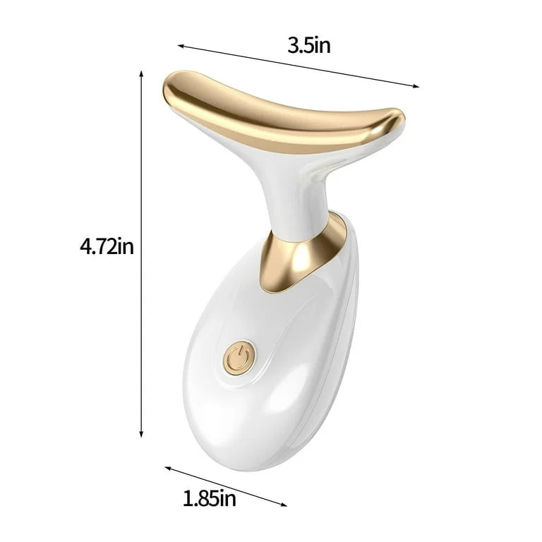 White and gold facial massager with dimensions labeled on a white background