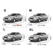 Size chart for cars with dimensions labeled S, M, L, and XL.
