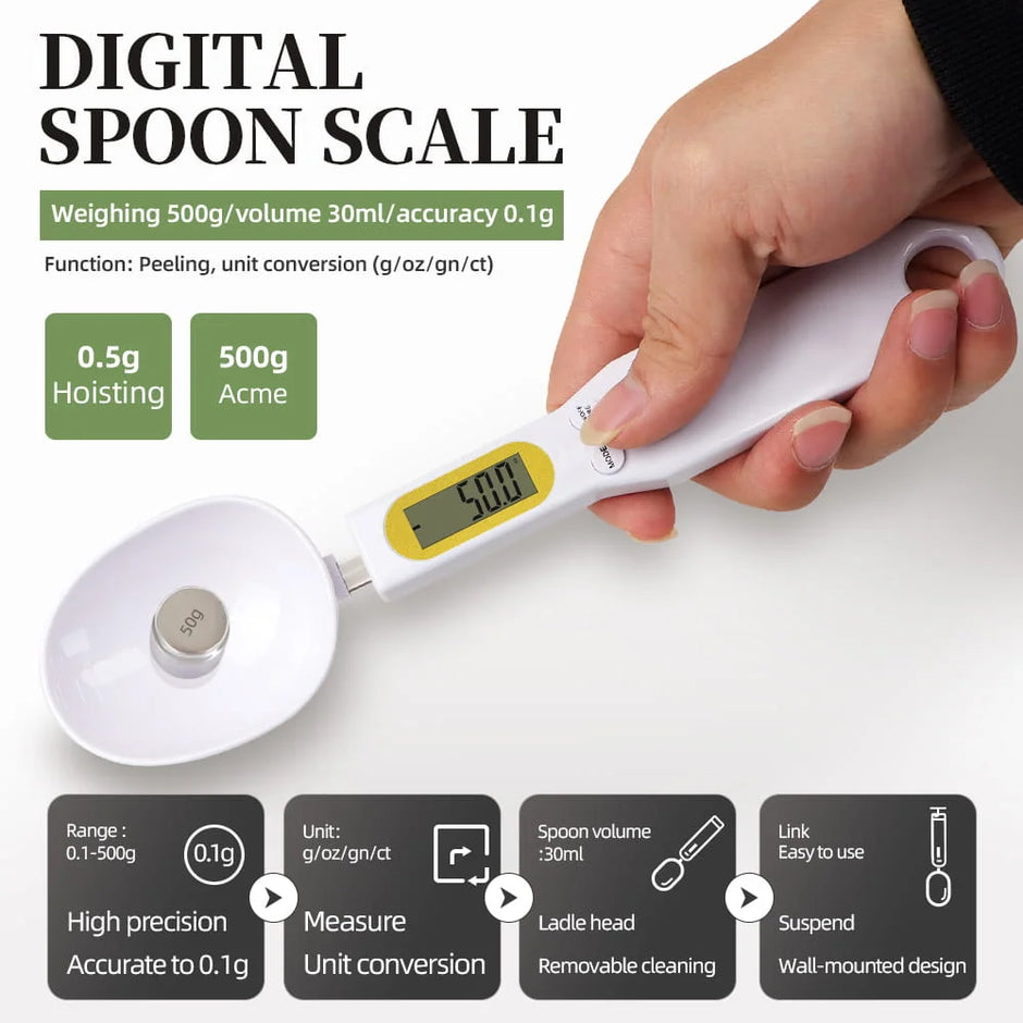 Digital spoon scale being held by a hand with product features displayed.