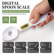 Digital spoon scale being held by a hand with product features displayed.