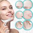 Woman using a skincare device with close-ups of skin texture on a white background