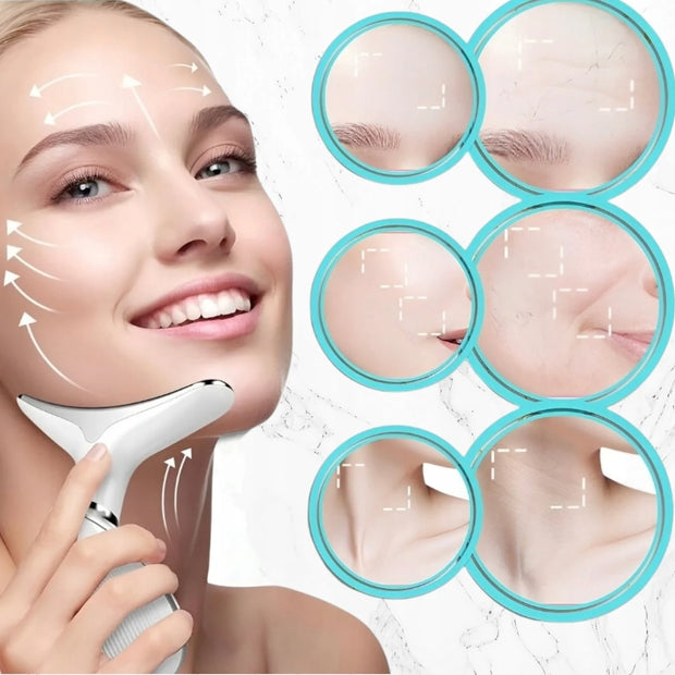 Woman using a skincare device with close-ups of skin texture on a white background